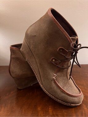 Eric Michael Olive Suede Lace-Up Wedge Booties with Brown Trim